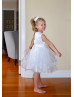 Beaded White Lace Tulle Flower Girl Dress With Horsehair Bands